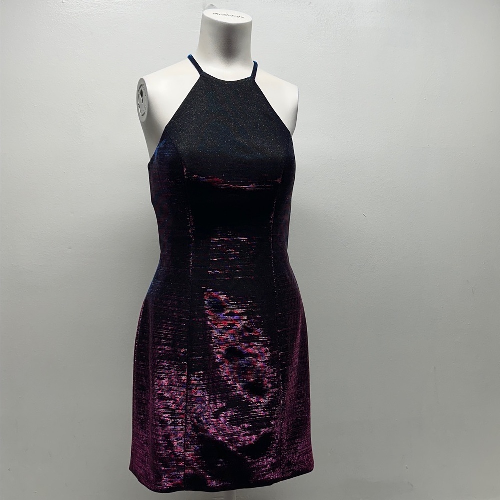 Sherri Hill Mini Dress Sleeveless Open Back Iridescent Blue Pink Sparkle Size 2